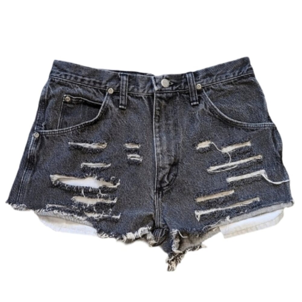 Vintage 90s Wrangler Black Distressed Jean Shorts High Waisted Destroyed Denim